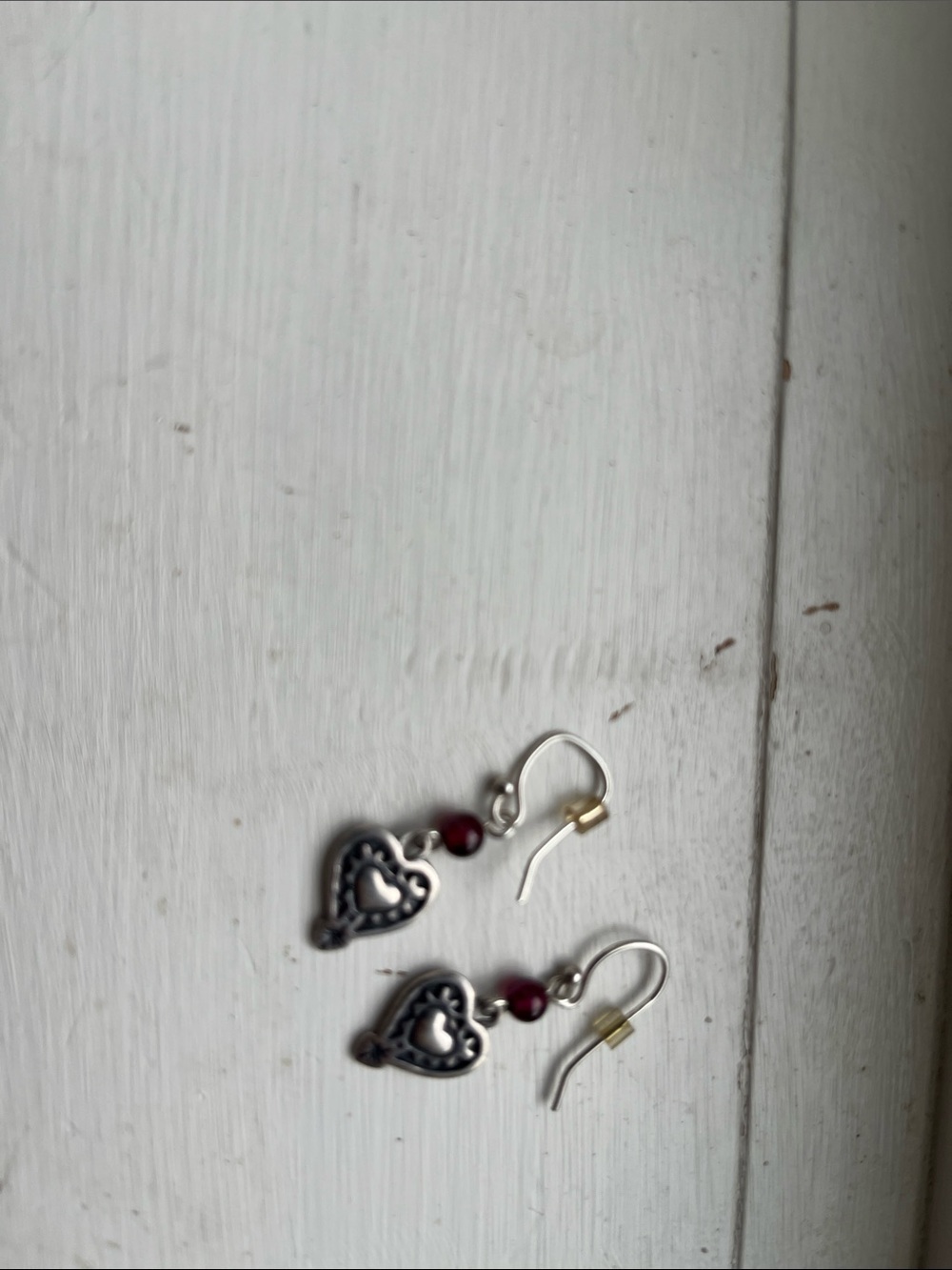 Sterling Silver Heart Drop Earrings with Red Beads